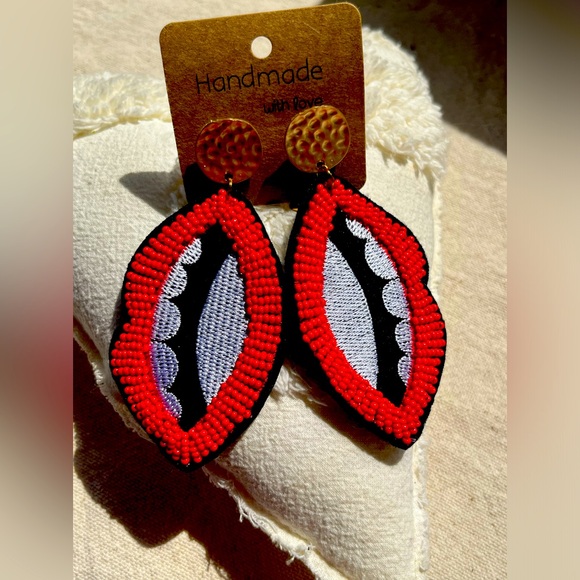 Whimsical red large hand sewn earrings - Picture 1 of 2